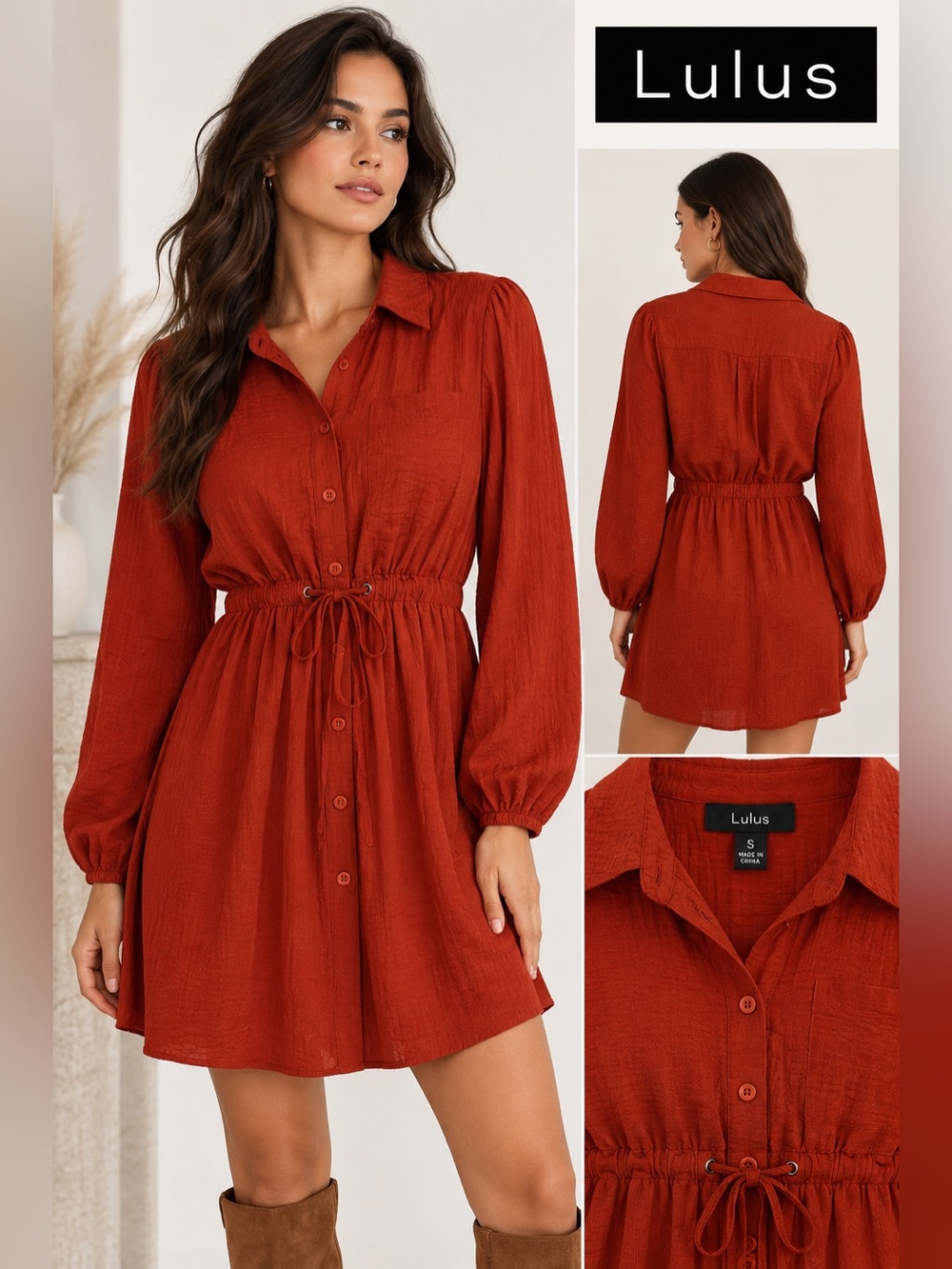 Lulus Red Long Sleeve Button-Front Mini Dress Drawstring Waist Size S